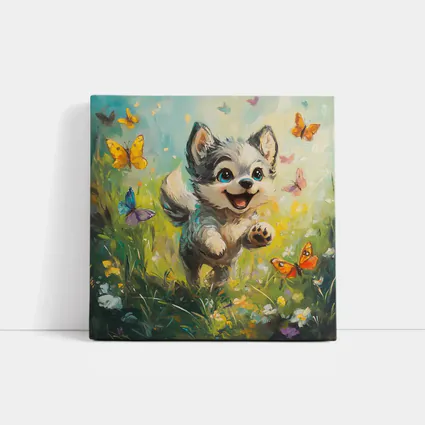 Happy Puppy Chasing Butterflies In Meadow