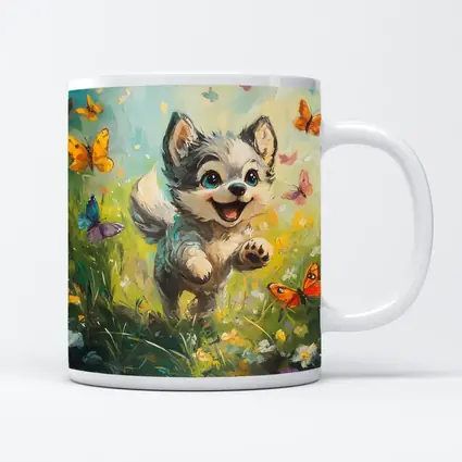 Happy Puppy Chasing Butterflies In Meadow
