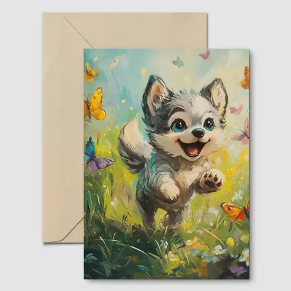 Happy Puppy Chasing Butterflies In Meadow