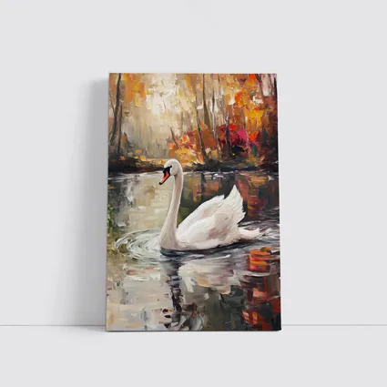 White Swan Oil Painting Autumn Lake