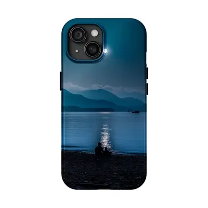 Moonlit Lake Shore Silhouette Mountain Night