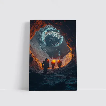Astronauts Walking Through Glowing Sci Fi Cave