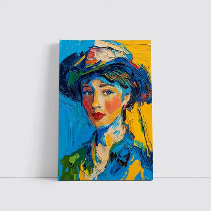 Expressionist Woman Portrait Blue Yellow Background