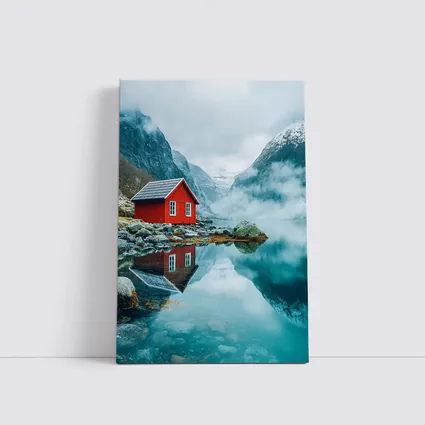 Red Cabin Norway Fjord Misty Mountains