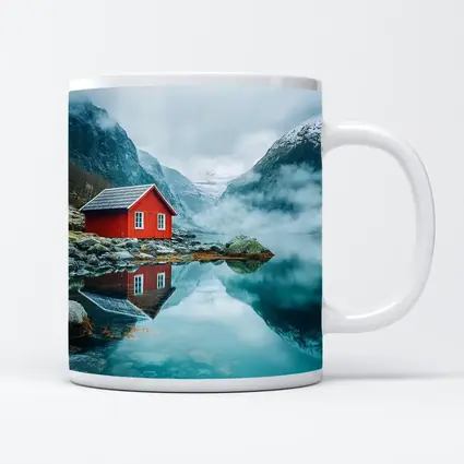 Red Cabin Norway Fjord Misty Mountains