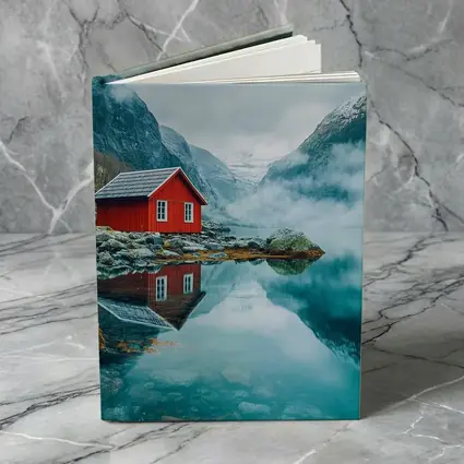Red Cabin Norway Fjord Misty Mountains