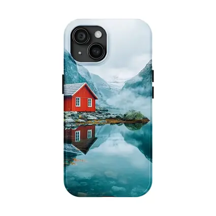 Red Cabin Norway Fjord Misty Mountains