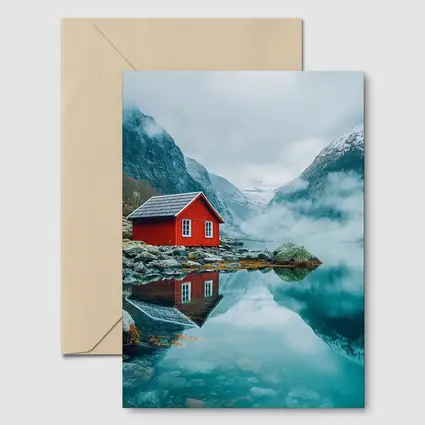 Red Cabin Norway Fjord Misty Mountains