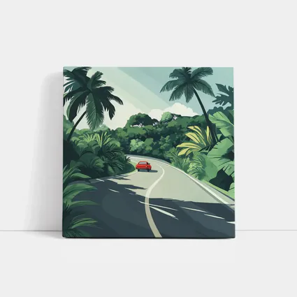 Red Car Winding Tropical Road Flat Art
