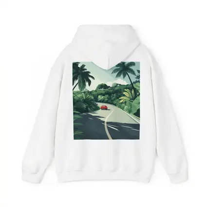 Red Car Winding Tropical Road Flat Art