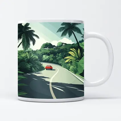 Red Car Winding Tropical Road Flat Art