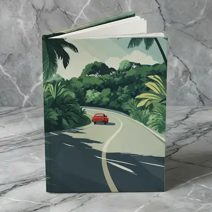 Red Car Winding Tropical Road Flat Art