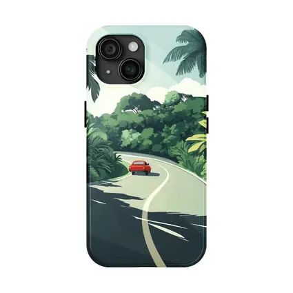 Red Car Winding Tropical Road Flat Art
