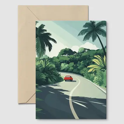 Red Car Winding Tropical Road Flat Art