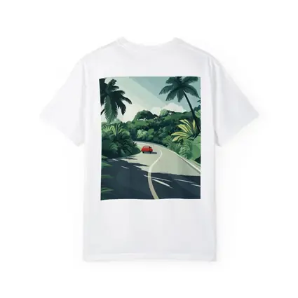 Red Car Winding Tropical Road Flat Art