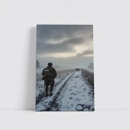 Soldier Walking Snowy Winter Field Path