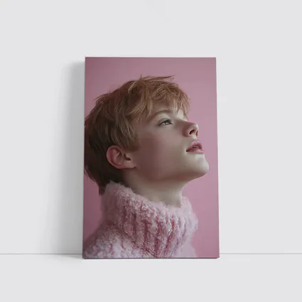 Young Boy Looking Up Pink Background