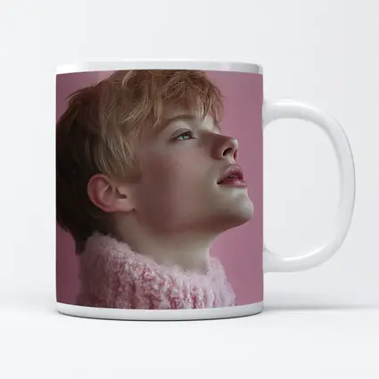 Young Boy Looking Up Pink Background