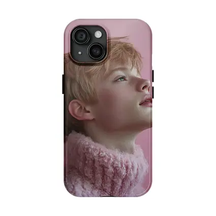 Young Boy Looking Up Pink Background