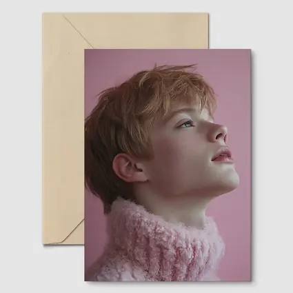 Young Boy Looking Up Pink Background