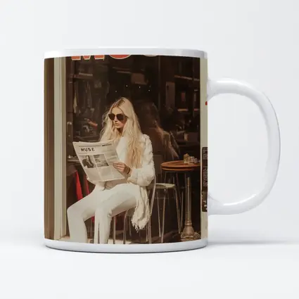 Blonde Woman Reading Newspaper Cafe Street
