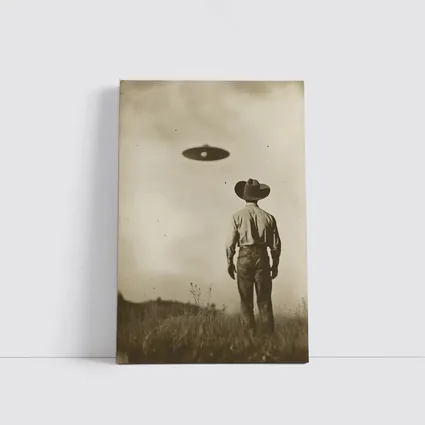 Cowboy Watching UFO Vintage Sepia Field