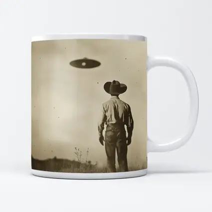 Cowboy Watching UFO Vintage Sepia Field