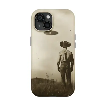Cowboy Watching UFO Vintage Sepia Field