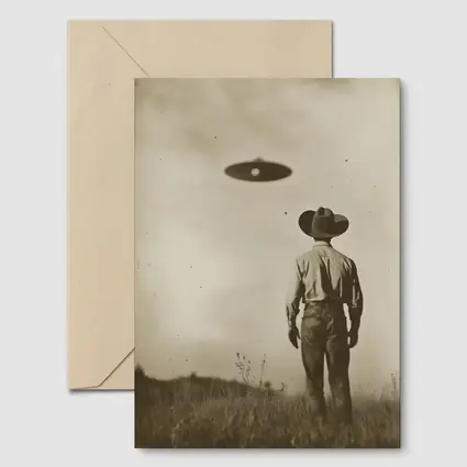 Cowboy Watching UFO Vintage Sepia Field