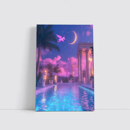 Pink Pegasus Greek Temple Pool Night Sky