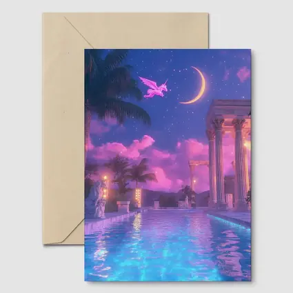 Pink Pegasus Greek Temple Pool Night Sky