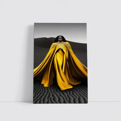 Woman in Golden Cape Black Sand Dunes