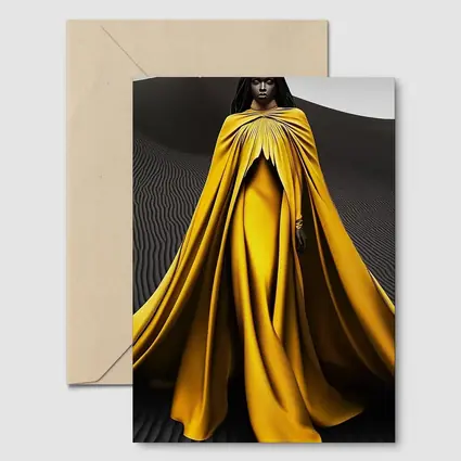 Woman in Golden Cape Black Sand Dunes