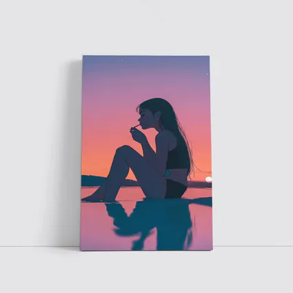 Anime Girl Sitting at Sunset Beach