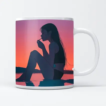 Anime Girl Sitting at Sunset Beach