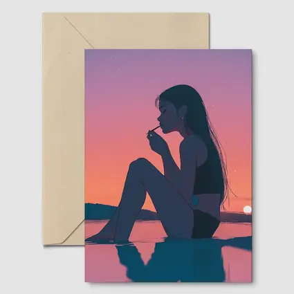 Anime Girl Sitting at Sunset Beach