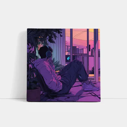 Lofi Anime Guy Headphones Purple Sunset Room
