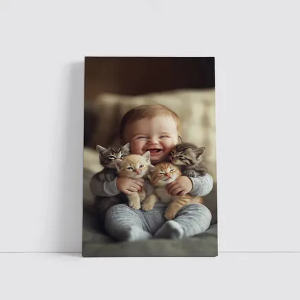 Happy Baby Hugging Three Kittens Together