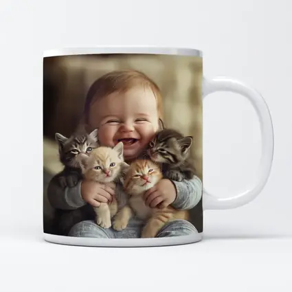 Happy Baby Hugging Three Kittens Together