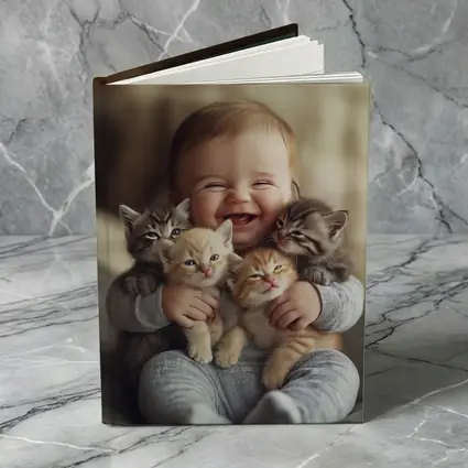 Happy Baby Hugging Three Kittens Together