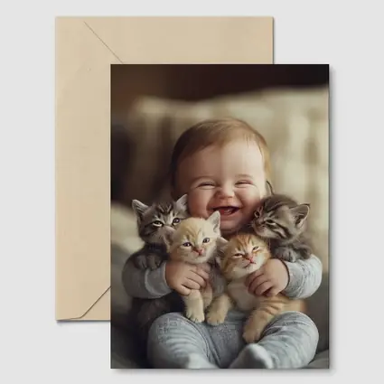 Happy Baby Hugging Three Kittens Together