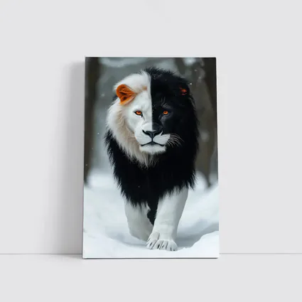 Half Black White Lion Walking In Snow