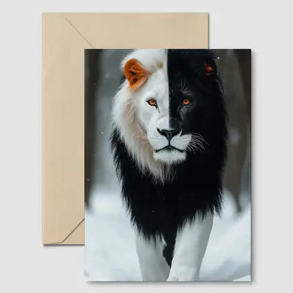 Half Black White Lion Walking In Snow