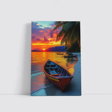 Wooden Boat Tropical Beach Sunset Palm Trees