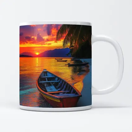 Wooden Boat Tropical Beach Sunset Palm Trees