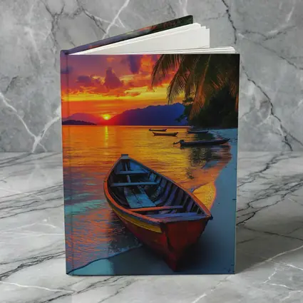 Wooden Boat Tropical Beach Sunset Palm Trees