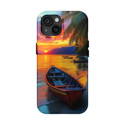 Wooden Boat Tropical Beach Sunset Palm Trees