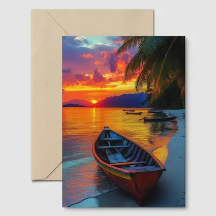 Wooden Boat Tropical Beach Sunset Palm Trees