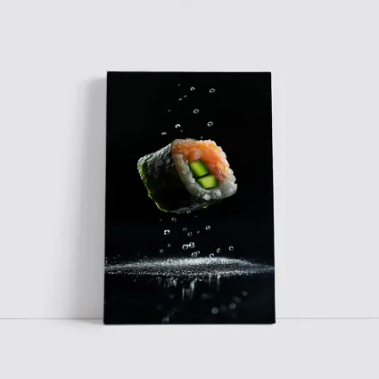 Sushi Roll Flying Over Dark Background