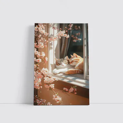 Two Cats Napping Window Cherry Blossoms
